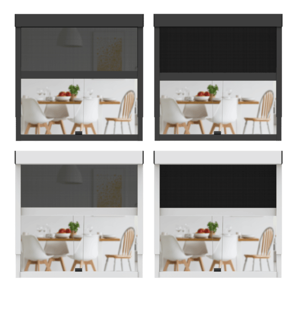 Cuatro opciones diferentes para el estor enrollable exterior CLIP`N`SHADE: estor enrollable blanco con tejido opaco, estor enrollable blanco con tejido transparente, estor enrollable negro con tejido opaco, estor enrollable negro con tejido transparente.