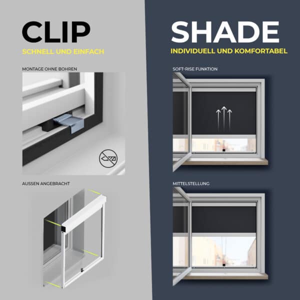 Fácil instalación sin taladrar - Cortina enrollable exterior Clip'n'Shade