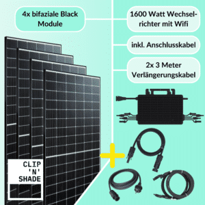 Conjunto de central eléctrica para balcón de 1600 W, compuesto por inversor Hoymiles HMS-1600-4T de 1600 W y 4 módulos Full Black de 430 Wp, incl. cable de conexión y 2 cables de prolongación de 3 m.