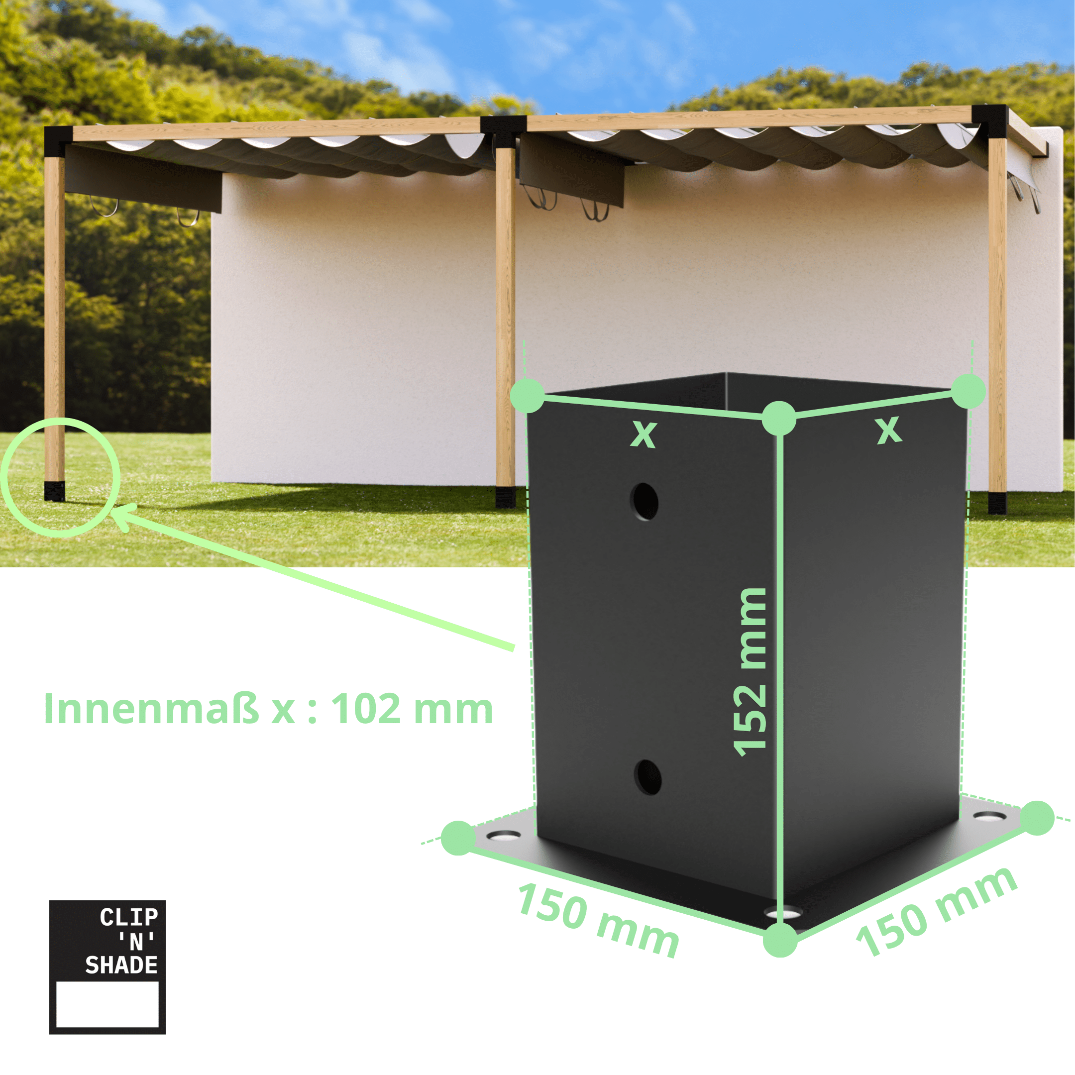 Instalación y dimensiones del zócalo de vigas para cubierta de pérgola o terraza 100x100 mm