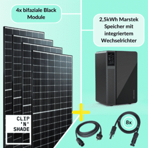 Conjunto completo de central eléctrica de balcón de 1600 W compuesto por 4 módulos fotovoltaicos y acumulador Marstek con inversor integrado de 800 W.