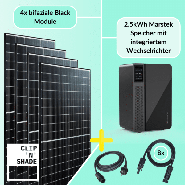 Conjunto completo de central eléctrica de balcón de 1600 W compuesto por 4 módulos fotovoltaicos y acumulador Marstek con inversor integrado de 800 W.
