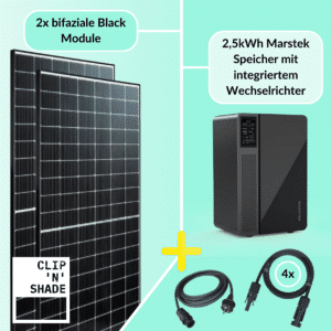 Central eléctrica de balcón de 800W conjunto completo compuesto por 2x módulos FV y sistema de almacenamiento Marstek con inversor integrado de 800W.