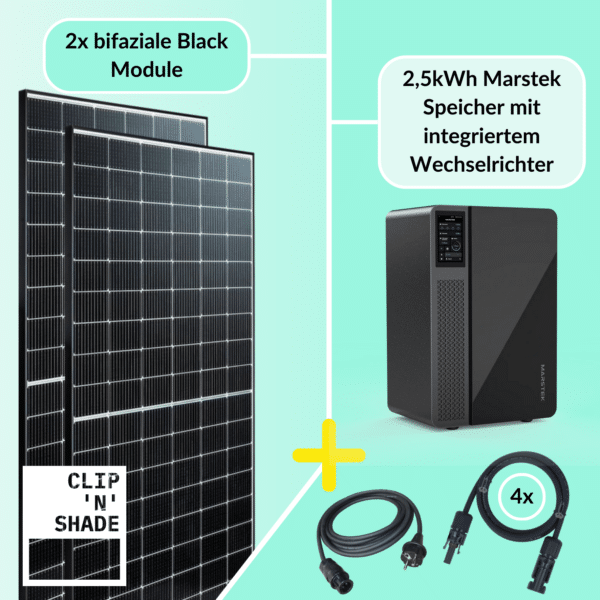 Central eléctrica de balcón de 800W conjunto completo compuesto por 2x módulos FV y sistema de almacenamiento Marstek con inversor integrado de 800W.