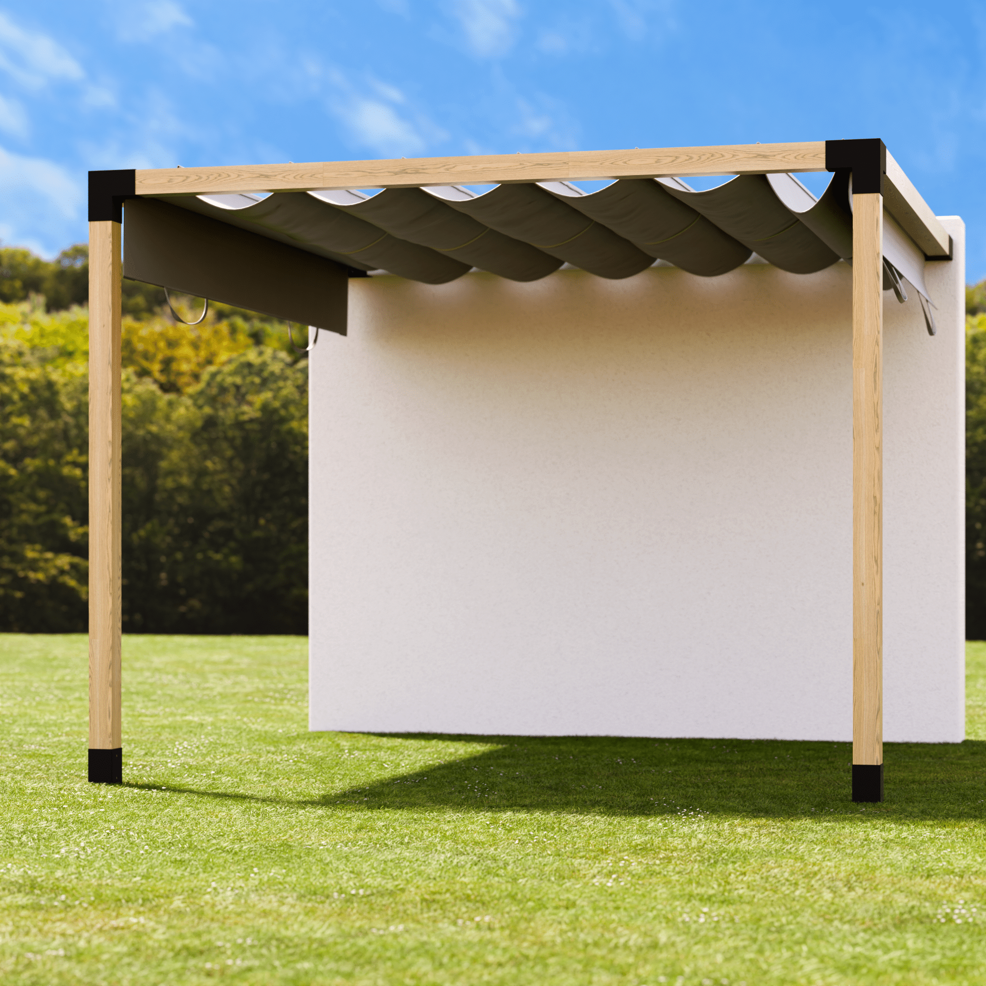Pérgola cubierta de patio con conexión a la pared y techo corredizo de tela